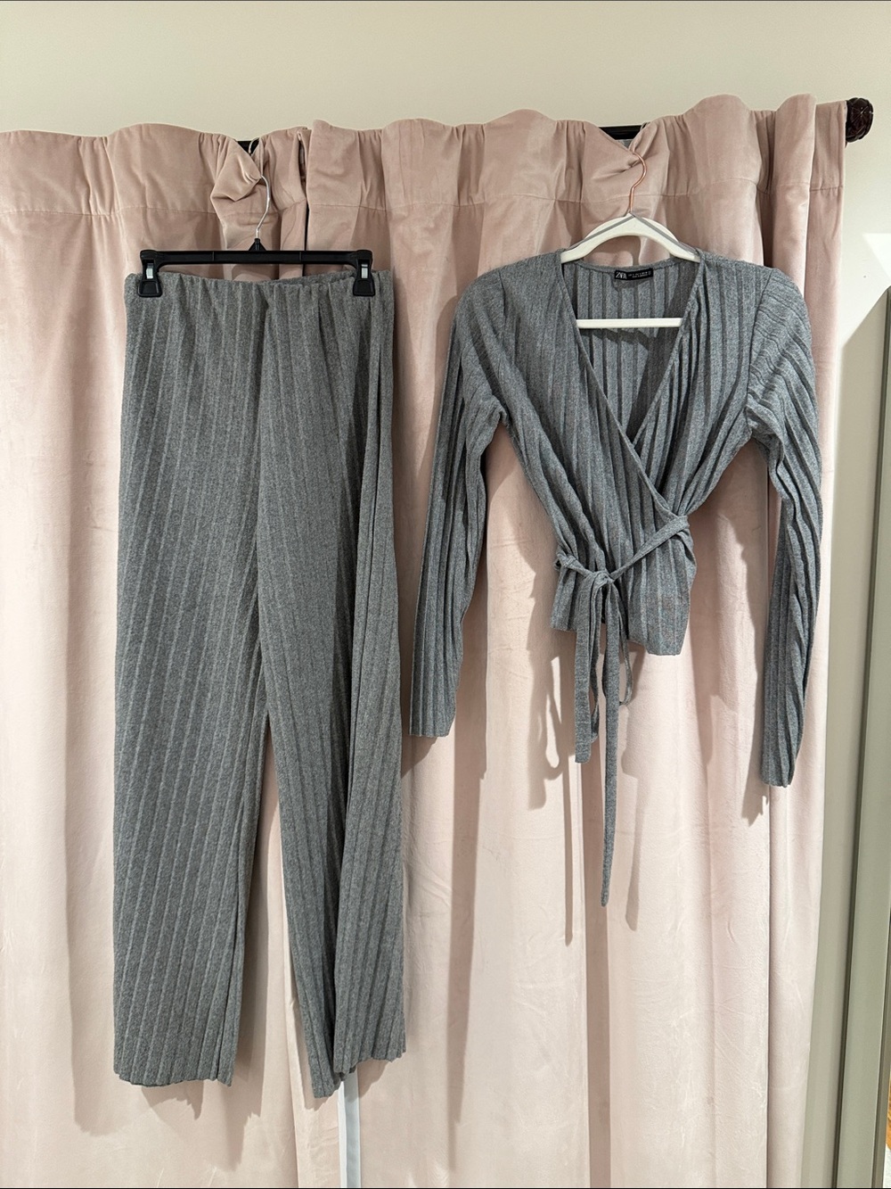 Zara Gray Ribbed Knit Wrap Top & Pants Set
